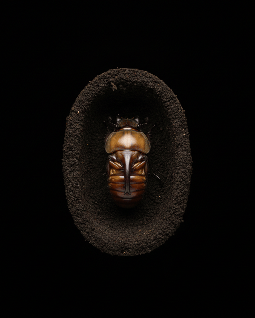 A Hercules pupa resting in its earthen cell