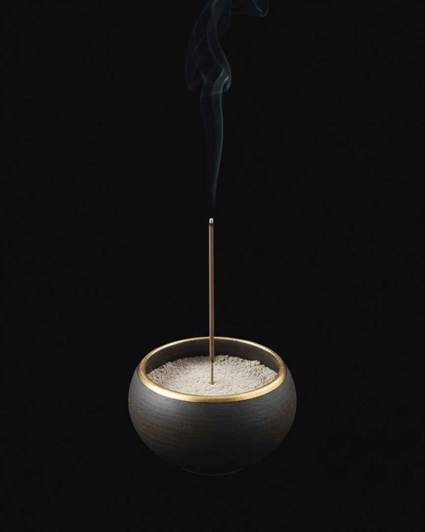 A single stick of incense and one thin thread of rising smoke